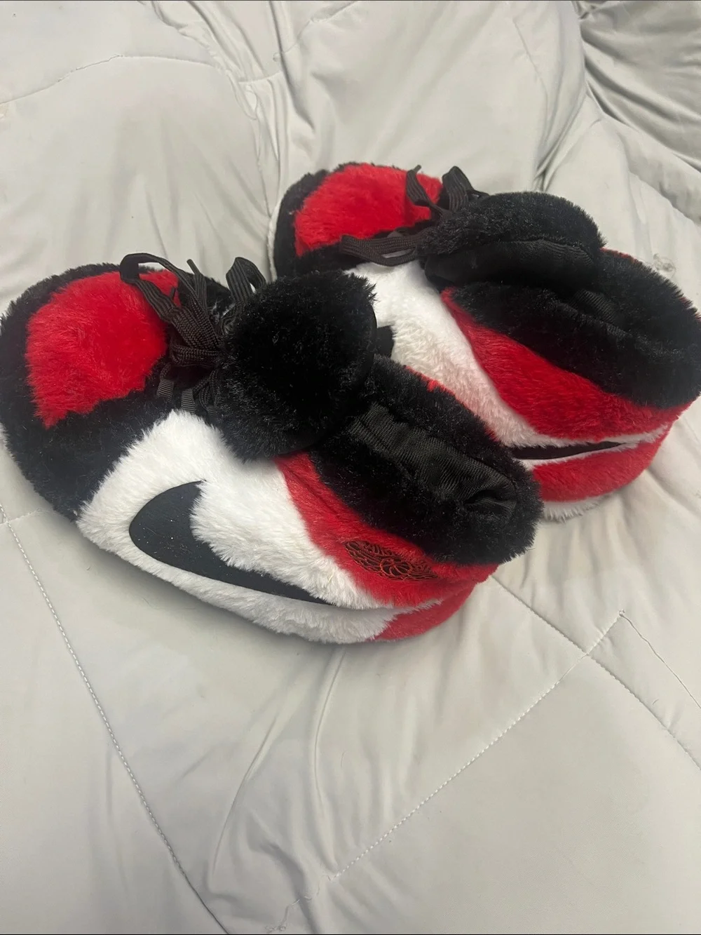 Nike Red Black White Plush Pom Slip-On Slippers